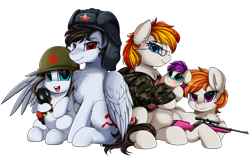 Size: 3720x2369 | Tagged: safe, artist:pridark, oc, oc only, oc:alter ego, oc:artyom, oc:commissar junior, oc:ela, parent:oc:alter ego, parent:oc:commissar junior, parents:oc x oc, species:earth pony, species:pegasus, species:pony, altenior, baby, baby pony, bb gun, blue eyes, blushing, clothing, colt, commission, daughter, digital art, family, female, filly, foal, hammer and sickle, hat, helmet, male, mare, offspring, parents:altenior, pegasus oc, plushie, purple eyes, pyro, red eyes, simple background, son, soviet, stallion, team fortress 2, transparent background, ushanka, wings