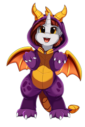 Size: 1853x2780 | Tagged: safe, artist:pridark, oc, oc only, species:dragon, species:pony, species:unicorn, bipedal, clothing, commission, cosplay, costume, cute, happy, high res, ocbetes, open mouth, simple background, solo, spyro the dragon, transparent background