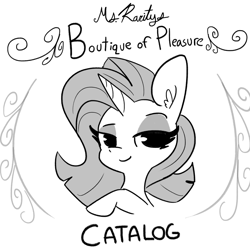 Size: 3375x3375 | Tagged: safe, artist:tjpones, part of a set, character:rarity, species:pony, species:unicorn, boutique of pleasure, female, grayscale, mare, monochrome, simple background, text, white background