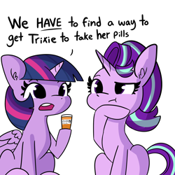 Size: 2250x2250 | Tagged: safe, artist:tjpones, part of a set, character:starlight glimmer, character:twilight sparkle, character:twilight sparkle (alicorn), species:alicorn, species:pony, species:unicorn, bottle, dialogue, duo, female, high res, hoof on chin, implied trixie, mare, medicine, simple background, sitting, white background