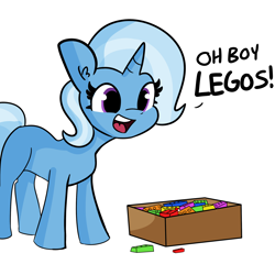 Size: 2250x2250 | Tagged: safe, artist:tjpones, part of a set, character:trixie, species:pony, species:unicorn, cute, dialogue, diatrixes, female, lego, mare, missing cutie mark, pills, simple background, solo, white background