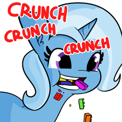 Size: 2250x2250 | Tagged: safe, artist:tjpones, part of a set, character:trixie, species:pony, species:unicorn, bust, cute, diatrixes, eating, female, lego, mare, onomatopoeia, ouch, pica, simple background, solo, wat, white background