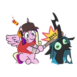 Size: 2250x2250 | Tagged: safe, artist:jargon scott, artist:tjpones, edit, character:princess cadance, character:queen chrysalis, species:alicorn, species:changeling, species:pony, baseball bat, bonk, changeling queen, crossover, duo, female, hoof hold, mare, scout, simple background, team fortress 2, white background