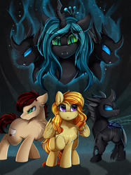 Size: 2595x3472 | Tagged: safe, artist:pridark, character:queen chrysalis, oc, oc:fine roast, oc:spindle, oc:sweet leaf, species:changeling, species:earth pony, species:pegasus, species:pony, fanfic:unchanging love, fanfic:unending love, changeling oc, commission, cutie mark, disguise, disguised changeling, fanfic, fanfic art, fanfic cover, high res, raised hoof, swarm, windigo