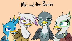 Size: 2190x1232 | Tagged: safe, artist:tjpones, character:gabby, character:gallus, character:gilda, character:greta, species:griffon, birb, borb, clothing, faec, female, male, me and the boys, meme, open mouth, ponified meme, scarf, simple background, smiling, teeth, text