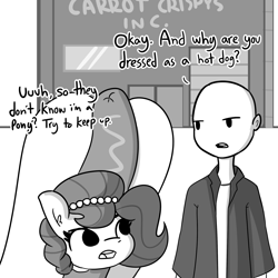 Size: 2250x2250 | Tagged: safe, artist:tjpones, part of a set, oc, oc only, oc:brownie bun, oc:richard, species:earth pony, species:human, species:pony, comic:covert ops, horse wife, dialogue, female, hot dog costume, jewelry, male, mare, monochrome, necklace, pearl necklace, simple background, white background