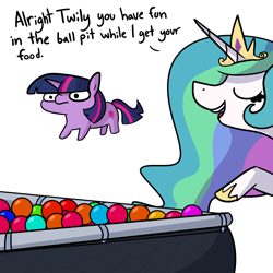 Size: 2250x2250 | Tagged: safe, artist:tjpones, part of a set, character:princess celestia, character:twilight sparkle, species:alicorn, species:pony, species:unicorn, ball pit, dialogue, duo, female, jewelry, mare, momlestia, regalia, simple background, twiggie, white background
