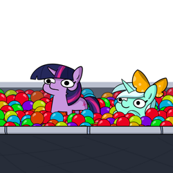Size: 2250x2250 | Tagged: safe, artist:tjpones, part of a set, character:lyra heartstrings, character:twilight sparkle, species:pony, species:unicorn, g4, ball pit, bow, duo, female, mare, simple background, squatpony, twiggie, white background