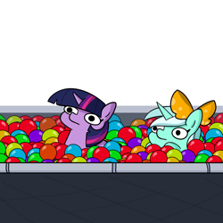 Size: 2250x2250 | Tagged: safe, artist:tjpones, part of a set, character:lyra heartstrings, character:twilight sparkle, species:pony, species:unicorn, ball pit, bow, duo, female, mare, simple background, twiggie, white background