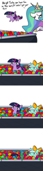 Size: 2250x9000 | Tagged: safe, artist:tjpones, part of a set, character:lyra heartstrings, character:princess celestia, character:twilight sparkle, species:alicorn, species:pony, species:unicorn, absurd resolution, ball pit, bow, comic, cute, dashcon, dialogue, duo, female, hair bow, jewelry, lyrabetes, mare, momlestia, regalia, simple background, sinking, squatpony, twiggie, white background, woonoggles