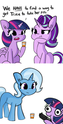 Size: 2250x4400 | Tagged: safe, artist:tjpones, edit, character:starlight glimmer, character:trixie, character:twilight sparkle, character:twilight sparkle (alicorn), species:alicorn, species:pony, species:unicorn, bottle, coercion, comic, female, gun, handgun, held at gunpoint, hoof on chin, mare, medicine, missing cutie mark, pills, simple background, sitting, sparkles! the wonder horse!, threatening, weapon, white background
