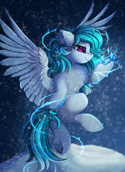 Size: 2550x3509 | Tagged: safe, artist:pridark, oc, species:pegasus, species:pony, chest fluff, commission, female, flying, ice, magic, mare, smiling, snow, solo