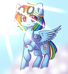Size: 766x839 | Tagged: safe, artist:paintpalet35, artist:windymils, character:rainbow dash, species:pegasus, species:pony, bandaid, cloud, collaboration, crepuscular rays, cute, dashabetes, female, goggles, mare, on a cloud, solo