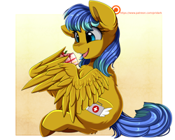 Size: 2969x2386 | Tagged: safe, artist:pridark, oc, oc only, species:pegasus, species:pony, cake, commission, cute, cutie mark, dessert, food, open mouth, sitting, solo, tongue out, wing hands, wings
