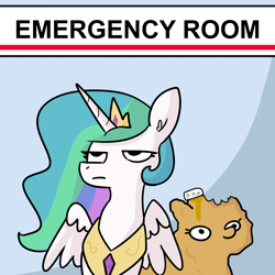 Size: 2250x2250 | Tagged: safe, artist:tjpones, part of a set, character:princess celestia, character:twilight sparkle, character:twilight sparkle (unicorn), species:alicorn, species:pony, species:unicorn, celestia is not amused, deep fried, female, hospital, jewelry, mare, regalia, twiggie, unamused, woonoggles