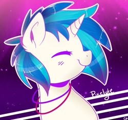 Size: 1024x961 | Tagged: safe, artist:shinypikachu25, character:dj pon-3, character:vinyl scratch, species:pony, species:unicorn, bangles, bust, cute, ear fluff, eyes closed, female, jewelry, mare, necklace, portrait, profile, smiling, solo, vinylbetes
