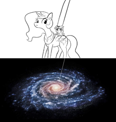 Size: 616x647 | Tagged: safe, artist:tjpones, edit, character:princess celestia, character:twilight sparkle, species:pony, clothing, doug dimmadome, galaxy, hat, impossibly large hat, milky way galaxy, ponies riding ponies, riding, stars, twiggie, yeehaw