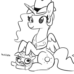 Size: 1080x1080 | Tagged: safe, artist:tjpones, character:princess celestia, character:twilight sparkle, species:alicorn, species:pony, species:unicorn, black and white, clothing, cowboy hat, domination, duo, female, filly, grayscale, hat, mare, monochrome, ponies riding ponies, riding, role reversal, simple background, twiggie, weh, white background, yeehaw