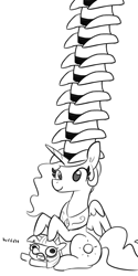 Size: 1080x2160 | Tagged: safe, artist:tjpones, edit, character:princess celestia, character:twilight sparkle, species:alicorn, species:pony, species:unicorn, black and white, clothing, cowboy hat, duo, female, filly, grayscale, hat, hatception, impossibly many hats, mare, monochrome, ponies riding ponies, riding, role reversal, simple background, squatpony, tower of hats, towering pillar of hats, twiggie, weh, white background, yeehaw