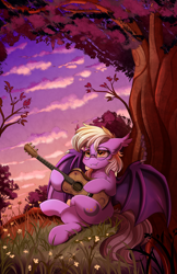 Size: 2036x3143 | Tagged: safe, artist:pridark, patreon reward, oc, oc only, oc:pinkfull night, species:bat pony, species:pony, against tree, bat pony oc, bat wings, crossed hooves, cutie mark, fangs, flower, forest, glasses, guitar, musical instrument, patreon, relaxing, scenery, scenery porn, smiling, solo, sunset, teenager, tree, wings