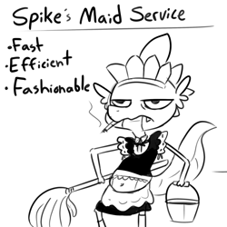 Size: 2250x2250 | Tagged: safe, artist:tjpones, part of a set, character:spike, species:dragon, belly button, black and white, bucket, cigarette, clothing, crossdressing, grayscale, maid, maid headdress, monochrome, mop, simple background, smoking, solo, white background