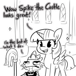 Size: 2250x2250 | Tagged: safe, artist:tjpones, character:spike, character:twilight sparkle, character:twilight sparkle (alicorn), species:alicorn, species:dragon, species:pony, black and white, cigarette, clothing, crossdressing, duo, female, grayscale, maid, maid headdress, mare, monochrome, mop, simple background, smoking, sparkling, twilight's castle, white background
