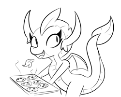 Size: 3894x3138 | Tagged: safe, artist:tjpones, character:smolder, species:dragon, baking, cookie, cooking, cute, female, fire, food, monochrome, simple background, smolderbetes, solo, white background
