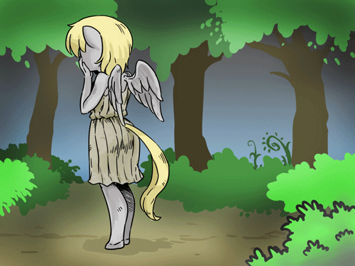 Size: 500x375 | Tagged: safe, artist:shepherd0821, character:derpy hooves, species:anthro, species:pegasus, species:pony, ambiguous facial structure, animated, blink and you're hugged, c:, clothing, covering face, cute, dawwww, derpabetes, diabetes, doctor who, don't blink, dress, exclamation point, fangs, female, glare, jumpscare, looking at you, nightmare retardant, open mouth, smiling, spread wings, surprised, weeping angel, wings