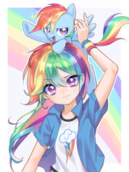 Size: 1356x1800 | Tagged: safe, artist:aruba, artist:ikupom_twi, edit, editor:michaelsety, character:rainbow dash, species:human, species:pegasus, species:pony, my little pony:equestria girls, anime, color edit, colored, cute, dashabetes, female, human coloration, human ponidox, looking at you, open mouth, ponies riding humans, pony on head, rainbow, redraw, riding, self ponidox, square crossover