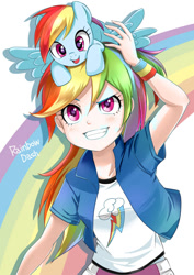 Size: 990x1400 | Tagged: safe, artist:aruba, edit, editor:michaelsety, character:rainbow dash, species:pegasus, species:pony, my little pony:equestria girls, anime, blushing, clothing, color edit, colored, compression shorts, cute, dashabetes, female, grin, human coloration, human ponidox, mare, moe, pixiv, pony hat, pony on head, rainbow, self ponidox, shirt, skirt, smiling, square crossover, tiny, tiny ponies