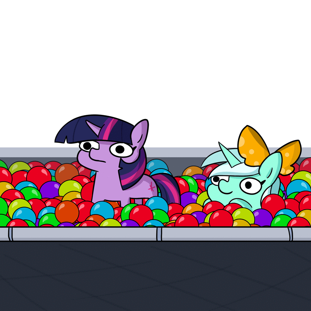 Size: 1024x1024 | Tagged: safe, artist:tjpones, edit, part of a set, character:lyra heartstrings, character:twilight sparkle, species:pony, species:unicorn, animated, ball pit, bow, duo, female, mare, simple background, sinking, twiggie, white background