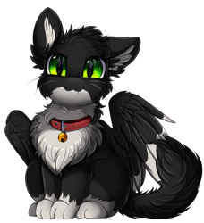 Size: 3069x3365 | Tagged: safe, artist:pridark, oc, oc only, cat, catpony, chest fluff, collar, commission, green eyes, neko pony, original species, simple background, sitting, solo, transparent background, wings