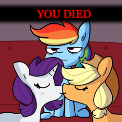 Size: 2250x2250 | Tagged: safe, artist:tjpones, character:applejack, character:rainbow dash, character:rarity, species:earth pony, species:pegasus, species:pony, species:unicorn, ship:rarijack, applejack's hat, blushing, clothing, cowboy hat, dark souls, female, hat, kissing, lesbian, mare, oof, rainbow dash is not amused, shipping, shipping denied, unamused, you died