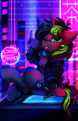 Size: 1936x2989 | Tagged: safe, artist:pridark, patreon reward, oc, oc only, oc:inky, species:pony, species:unicorn, clothing, female, high res, jacket, looking at you, mare, neon, one eye closed, patreon, solo, tongue out