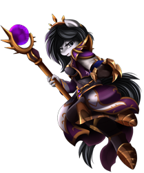 Size: 1024x1223 | Tagged: safe, artist:pridark, oc, oc only, oc:lodey darkshine, species:anthro, species:earth pony, species:pony, species:unguligrade anthro, armor, commission, eyeshadow, female, heroes of the storm, looking at you, makeup, simple background, solo, staff, transparent background