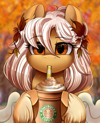 Size: 1443x1764 | Tagged: safe, artist:pridark, oc, oc:autumna, species:pegasus, species:pony, beautiful, bust, coffee, commission, drinking, female, looking at you, mare, portrait, pretty, scenery, solo, starbucks, straw, tree