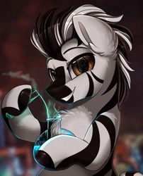 Size: 1280x1586 | Tagged: safe, artist:pridark, oc, oc only, oc:magna, species:pony, species:zebra, bust, chest fluff, commission, cute, ear fluff, handsome, hybrid, male, portrait, smiling, solo
