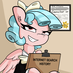 Size: 2250x2250 | Tagged: safe, artist:tjpones, character:cozy glow, species:pegasus, species:pony, clipboard, female, freckles, grin, internet history, mare, older, older cozy glow, pure concentrated unfiltered evil of the utmost potency, pure unfiltered evil, school of friendship, smiling, solo, uh oh