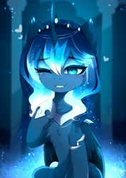 Size: 2895x4096 | Tagged: safe, artist:magnaluna, character:princess luna, species:alicorn, species:pony, g4, cheek fluff, chest fluff, crown, cute, ear fluff, eyebrows, eyebrows visible through hair, fangs, female, heart, high res, hoof shoes, jewelry, leg fluff, lunabetes, mare, one eye closed, regalia, smiling, solo, wing claws, wink
