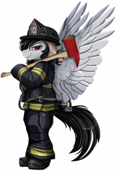 Size: 1895x2800 | Tagged: safe, artist:pridark, oc, oc only, oc:commissar junior, species:anthro, species:pegasus, species:plantigrade anthro, species:pony, axe, boots, clothing, commission, firefighter, male, red eyes, side view, simple background, smiling, solo, spread wings, white background, wings