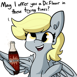 Size: 2250x2250 | Tagged: safe, artist:tjpones, character:derpy hooves, species:pegasus, species:pony, cute, derpabetes, dialogue, dr. pepper, female, frank reynolds, it's always sunny in fillydelphia, it's always sunny in philadelphia, mare, meme, open mouth, simple background, soda, solo, white background, wholesome, wing hands, wings