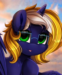 Size: 1443x1764 | Tagged: safe, artist:pridark, commissioner:kaifloof, oc, oc only, oc:time vortex (kaifloof), species:alicorn, species:pony, alicorn oc, bust, chest fluff, commission, cute, glasses, green eyes, horn, looking at you, portrait, raised hoof, simple background, solo, wings