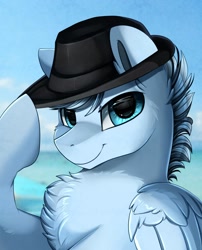 Size: 1424x1764 | Tagged: safe, artist:pridark, commissioner:kaifloof, oc, oc only, oc:scirocco seaspray, species:pegasus, species:pony, chest fluff, clothing, commission, cute, handsome, hat, hat tip, looking at you, male, pegasus oc, smiling, solo, trilby, wings