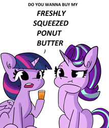 Size: 2248x2632 | Tagged: safe, artist:tjpones, edit, character:starlight glimmer, character:twilight sparkle, character:twilight sparkle (alicorn), species:alicorn, species:pony, species:unicorn, bottle, dialogue, duo, female, hoof on chin, implied poop, implied scat, mare, ponut butter, simple background, sitting, white background, wrong eye color