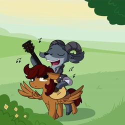 Size: 4096x4096 | Tagged: safe, alternate version, artist:tjpones, oc, oc only, species:goat, species:pegasus, species:pony, duo, eyes closed, female, guitar, heterochromia, male, mare, music notes, musical instrument, open mouth, singing