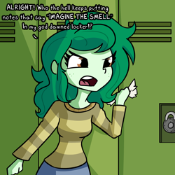 Size: 2250x2250 | Tagged: safe, artist:tjpones, character:wallflower blush, my little pony:equestria girls, angry, dialogue, female, lockers, open mouth, solo