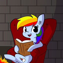 Size: 2250x2250 | Tagged: safe, artist:tjpones, character:rainbow dash, species:pegasus, species:pony, army of darkness, book, female, fire, fireplace, mare, necronomicon, open mouth, rainbow dash presents, solo, this will end in death
