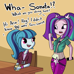 Size: 2250x2250 | Tagged: safe, artist:tjpones, character:aria blaze, character:sonata dusk, equestria girls:rainbow rocks, g4, my little pony:equestria girls, chair, clothing, dialogue, female, food, implied arisona, implied lesbian, innocent, open mouth, sonataco, table, taco, that siren sure does love tacos