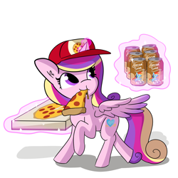 Size: 9000x9000 | Tagged: safe, artist:tjpones, character:princess cadance, character:rainbow dash, species:alicorn, species:pony, absurd resolution, cadance's pizza delivery, can, cap, clothing, cute, cutedance, ear fluff, eating, female, food, hat, magic, mare, meat, peetzer, pepperoni, pepperoni pizza, pizza, pizza box, ponies eating meat, soda, soda can, solo, telekinesis, that pony sure does love pizza