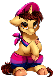 Size: 2343x3395 | Tagged: safe, artist:pridark, oc, oc:ethereal divide, species:pony, species:unicorn, adorable face, baggy sweatpants, bisexual colors, bisexual pride flag, bisexuality, cap, clothing, cloven hooves, cute, hat, looking at you, male, neckerchief, pride, pride flag, pride month, shy, sitting, solo, stallion, tail